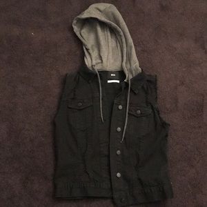Black Denim Sleeveless Jacket w/ Grey Hood